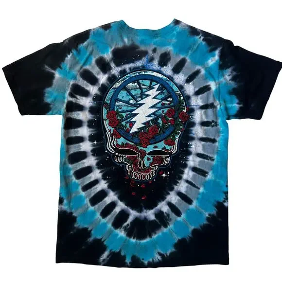 Grateful Dead Liquid Blue Tie Dye Skull Roses Steal Your Bertha Tee Double Sided - Picture 2 of 10